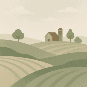Illustrated countryside with fields and farmhouse