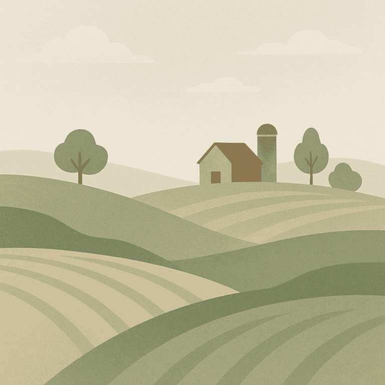 Illustrated countryside with fields and farmhouse