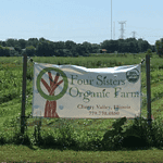 Four Sisters Organic Farm sign in field, Illinois.