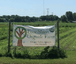 Four Sisters Organic Farm sign in field, Illinois.